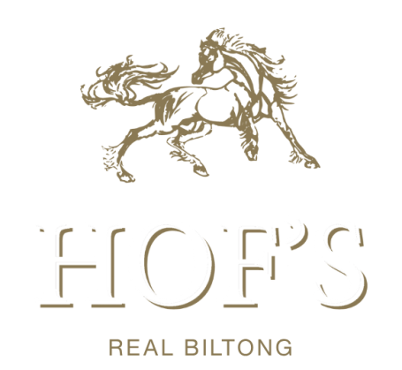Logo saying "Hof's Real Biltong" with a brown horse above